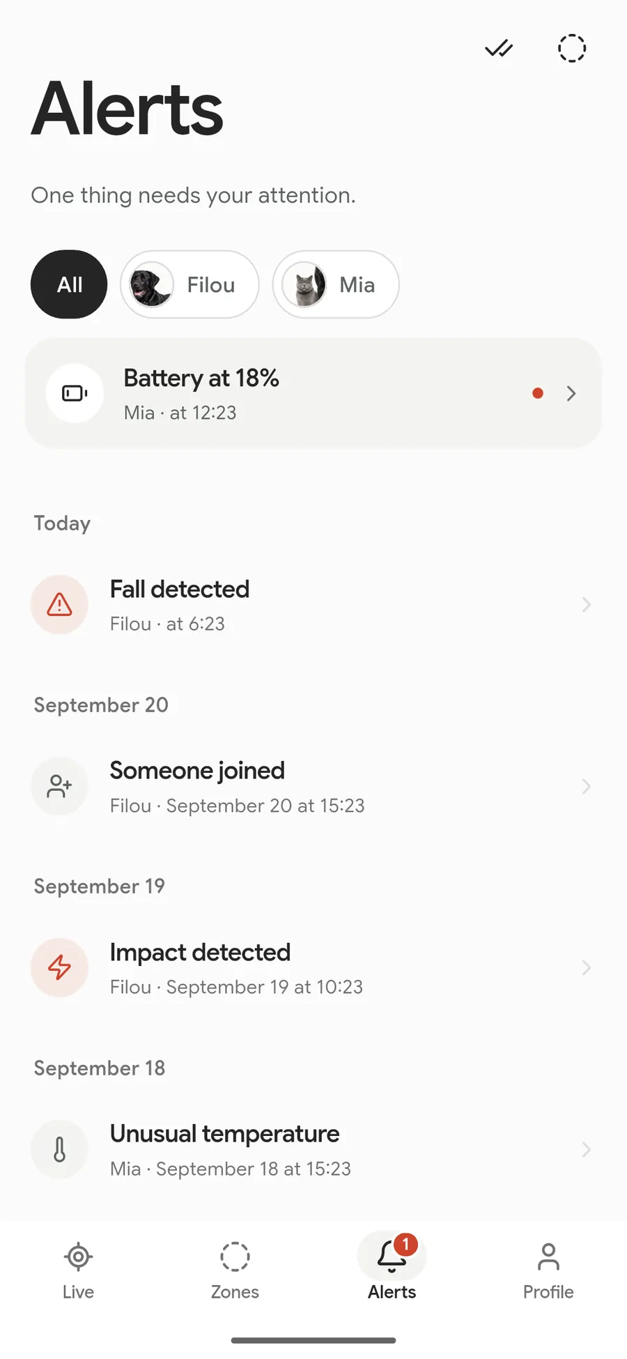 The alerts screen: 31 alerts in the last thirty days, left Work, knock detected, left Home, battery at 11%.