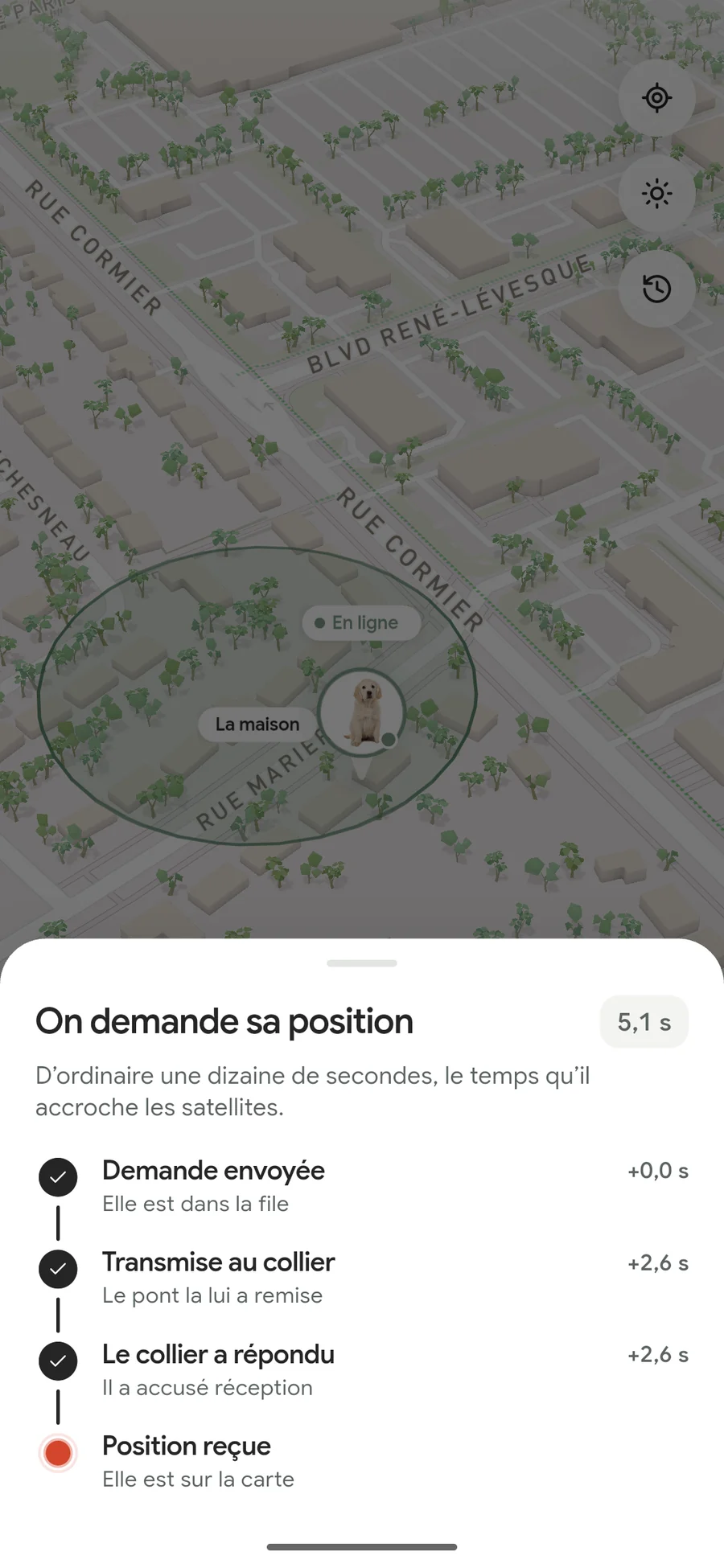 L’écran « On demande sa position » : demande envoyée, transmise au collier, le collier a répondu, position reçue — en 5,1 secondes.