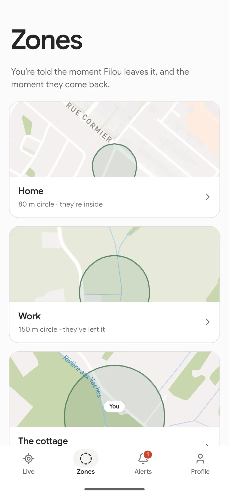 The zones screen: “Work, 150 m circle, they’ve left it” and “Home, 70 m circle, they’re inside”.